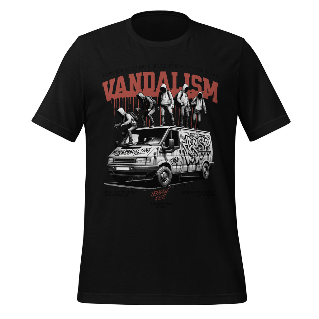 Black graphic tee with large front illustration and red VANDALISM text