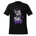 Men's black graphic tee with purple “INK DROP” front print