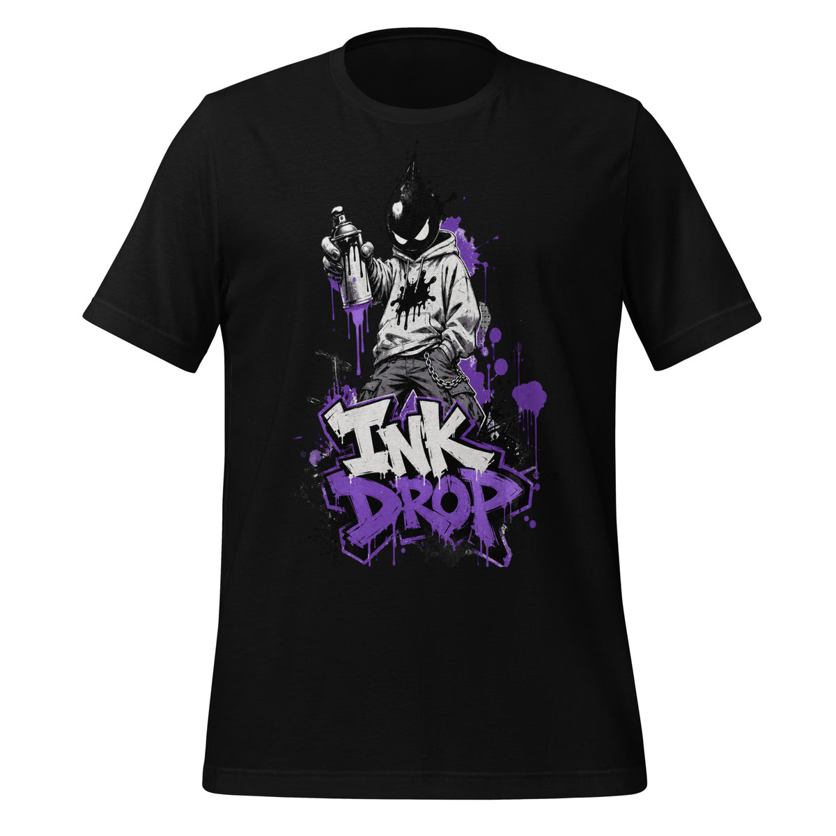 Men's black graphic tee with purple “INK DROP” front print