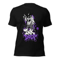 Women’s black graphic tee with purple “INK DROP” front print