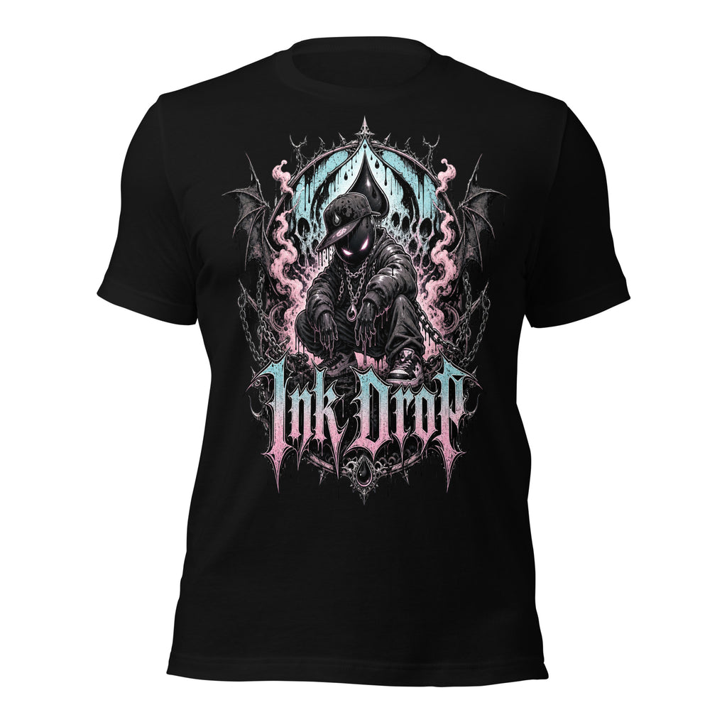 Unisex black graphic T-shirt with skull-and-throne front print, pink and blue accents