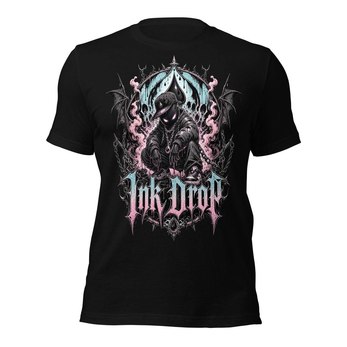 Unisex black graphic T-shirt with skull-and-throne front print, pink and blue accents