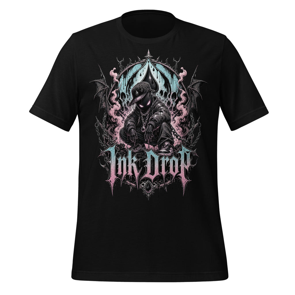 Unisex black graphic T-shirt featuring skull-and-throne front print with pink and blue highlights