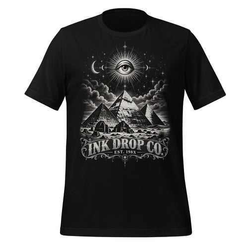 Men's black crew-neck graphic T-shirt with eye and pyramid print