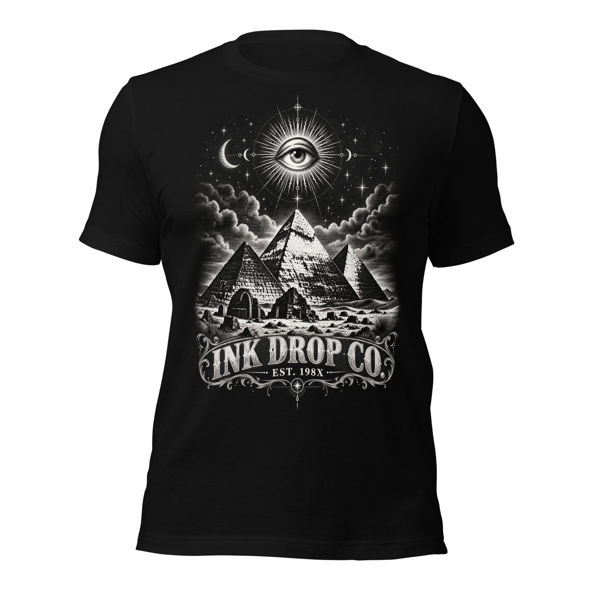 Women’s graphic T-shirt, black, front eye and pyramid illustration