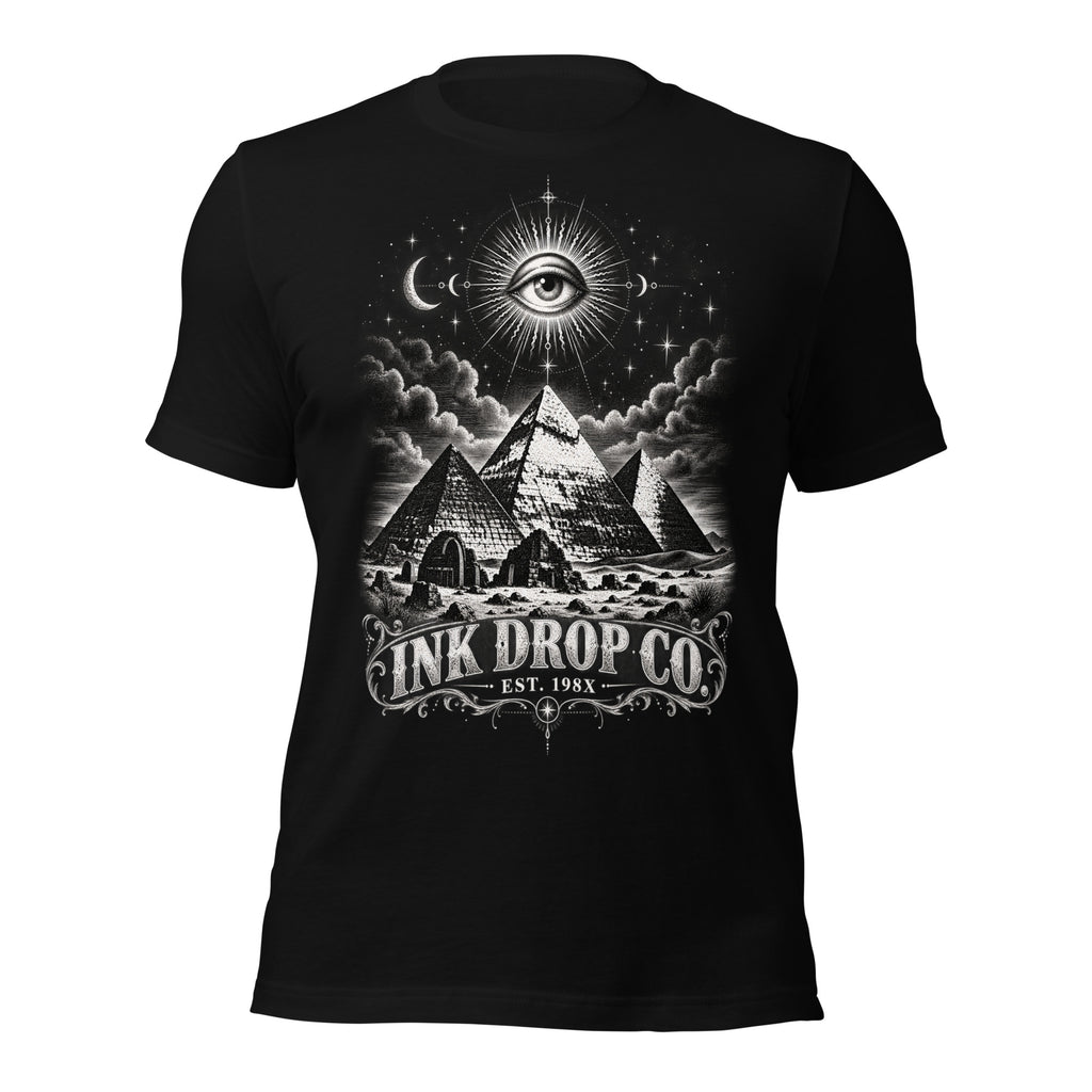 Unisex black T-shirt with front graphic of eye above pyramids and clouds