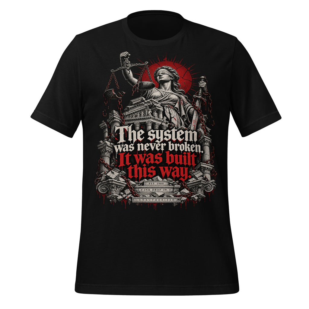 Black graphic tee with Lady Justice scales and red quote print
