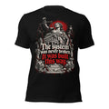 Women's black graphic justice tee, front view with Lady Justice scales and bold red text