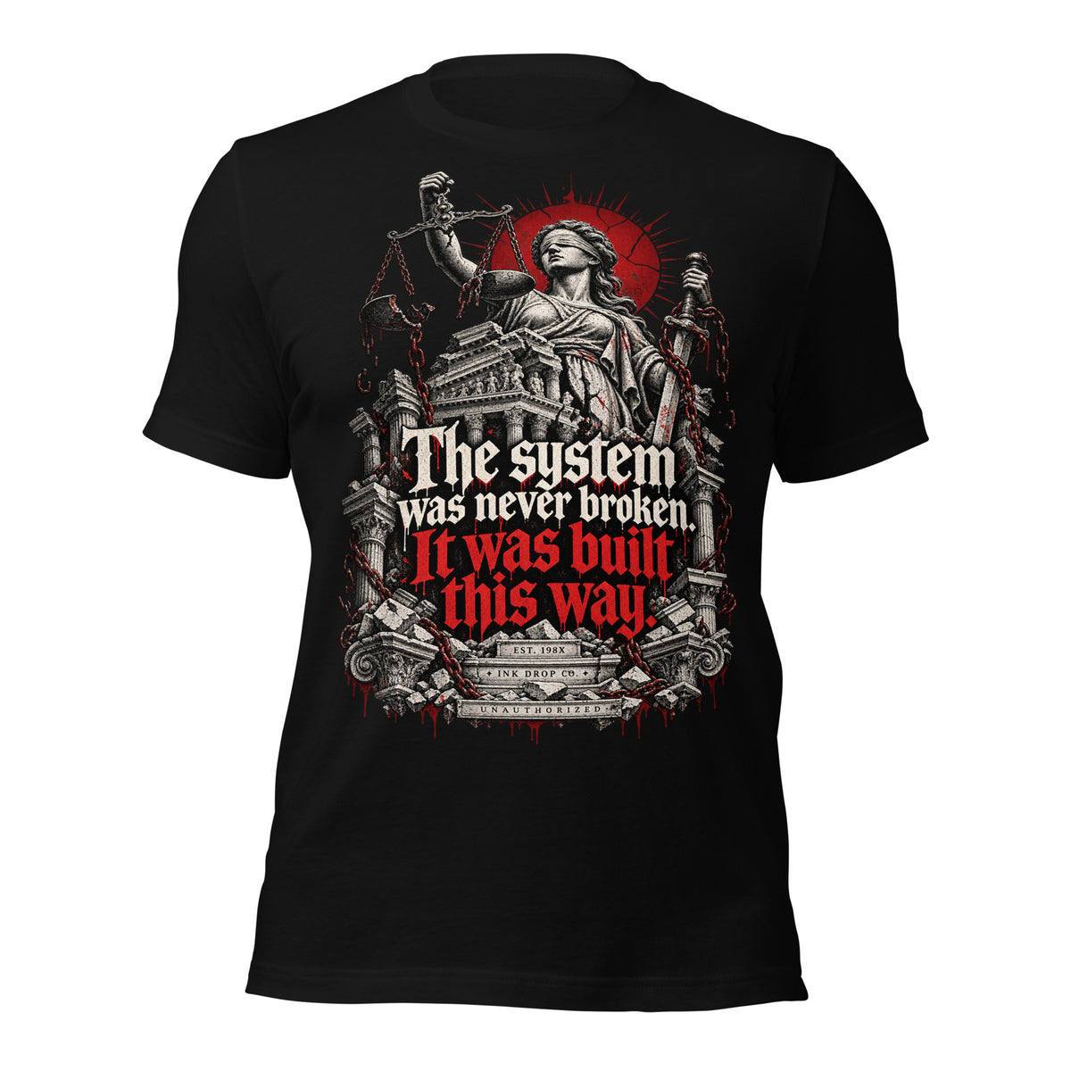 Women's black graphic justice tee, front view with Lady Justice scales and bold red text