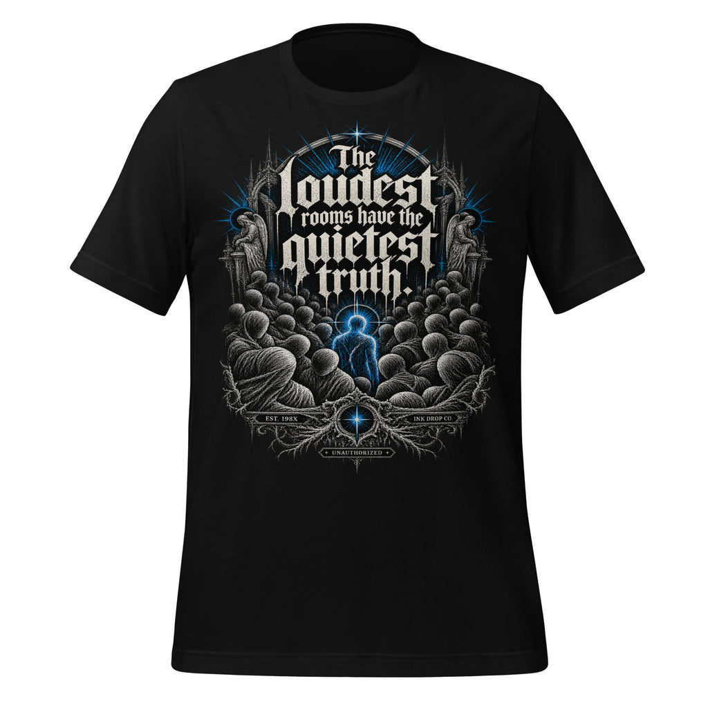 Men's gothic graphic tee, black, front skull-tree print with blue text