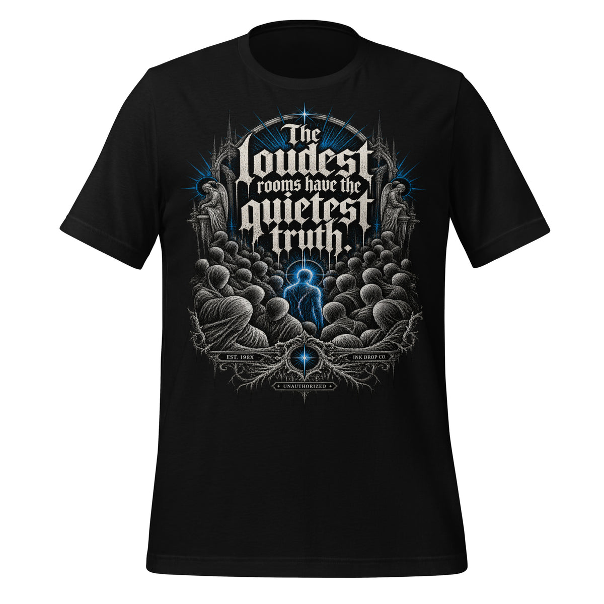 Men's gothic graphic tee, black, front skull-tree print with blue text
