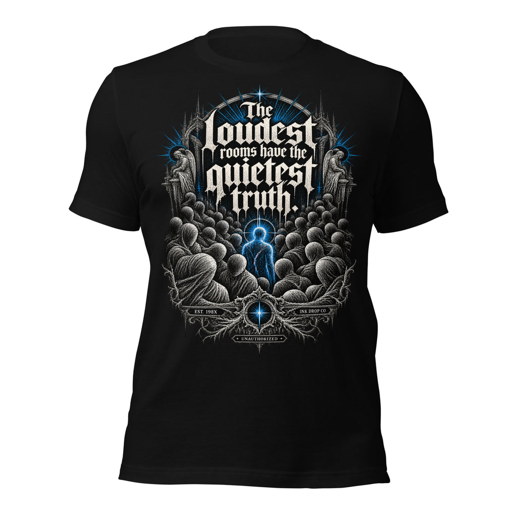 Women’s gothic graphic t-shirt, black, front chest print with blue accents