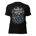 Women’s gothic graphic t-shirt, black, front chest print with blue accents