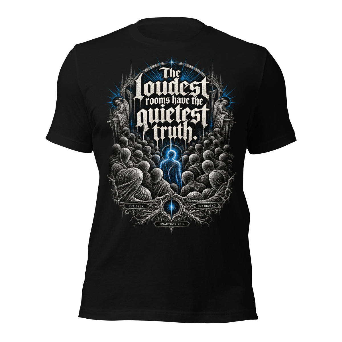 Women’s gothic graphic t-shirt, black, front chest print with blue accents