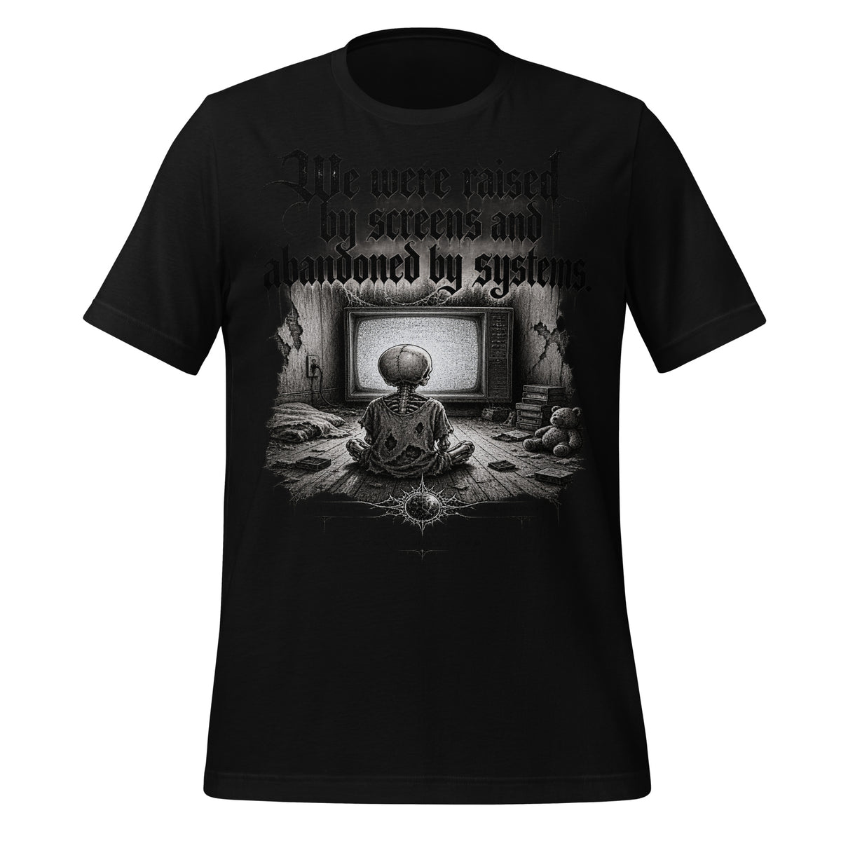 Men's black graphic crewneck T-shirt with front artwork print