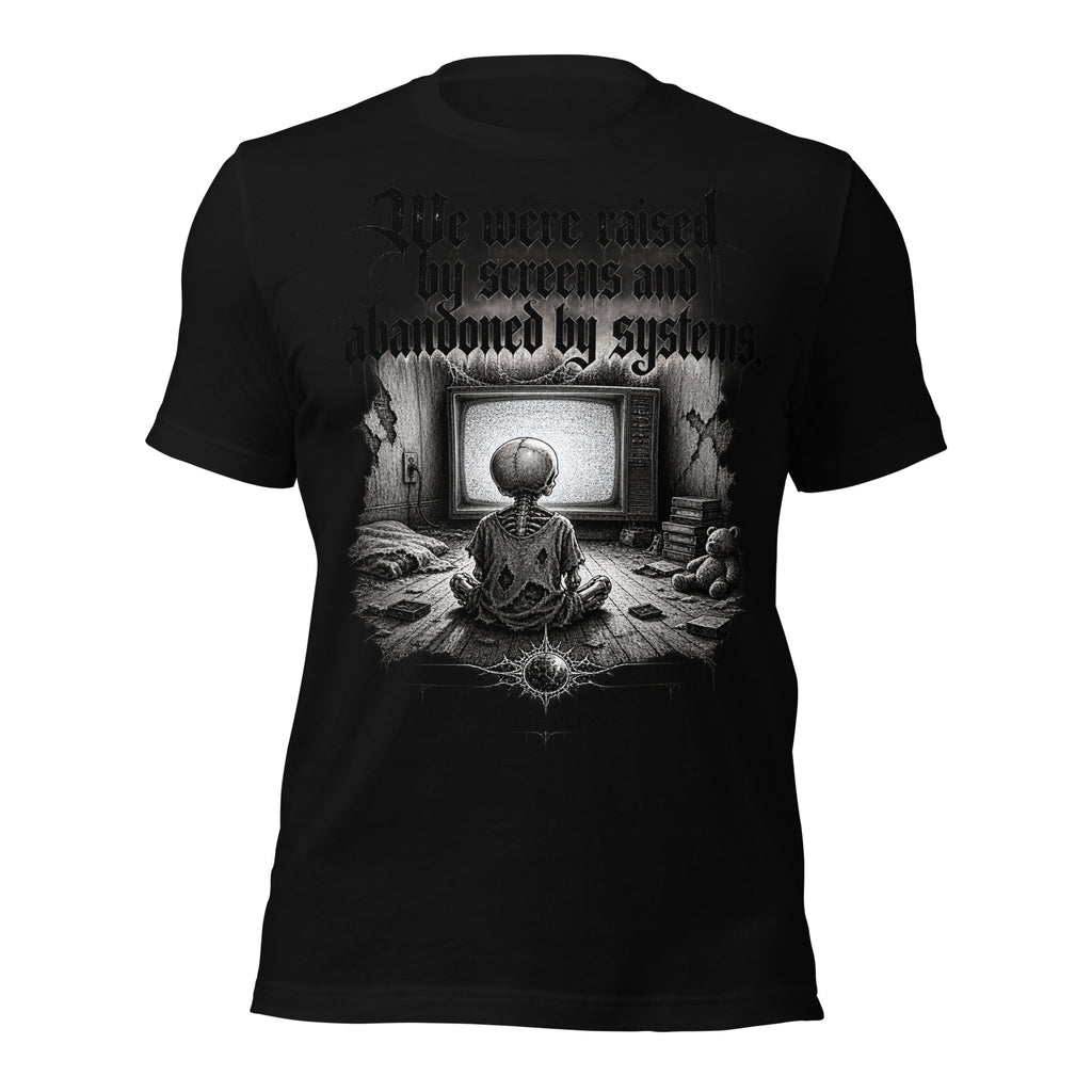 Women’s graphic tee in black with front text and framed surreal artwork print
