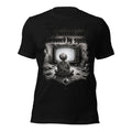 Women’s graphic tee in black with front text and framed surreal artwork print