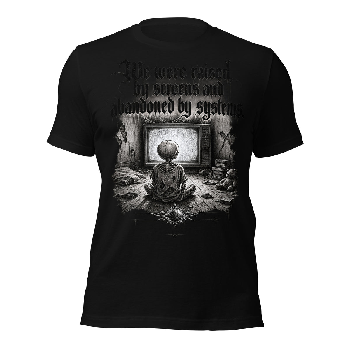 Women’s graphic tee in black with front text and framed surreal artwork print