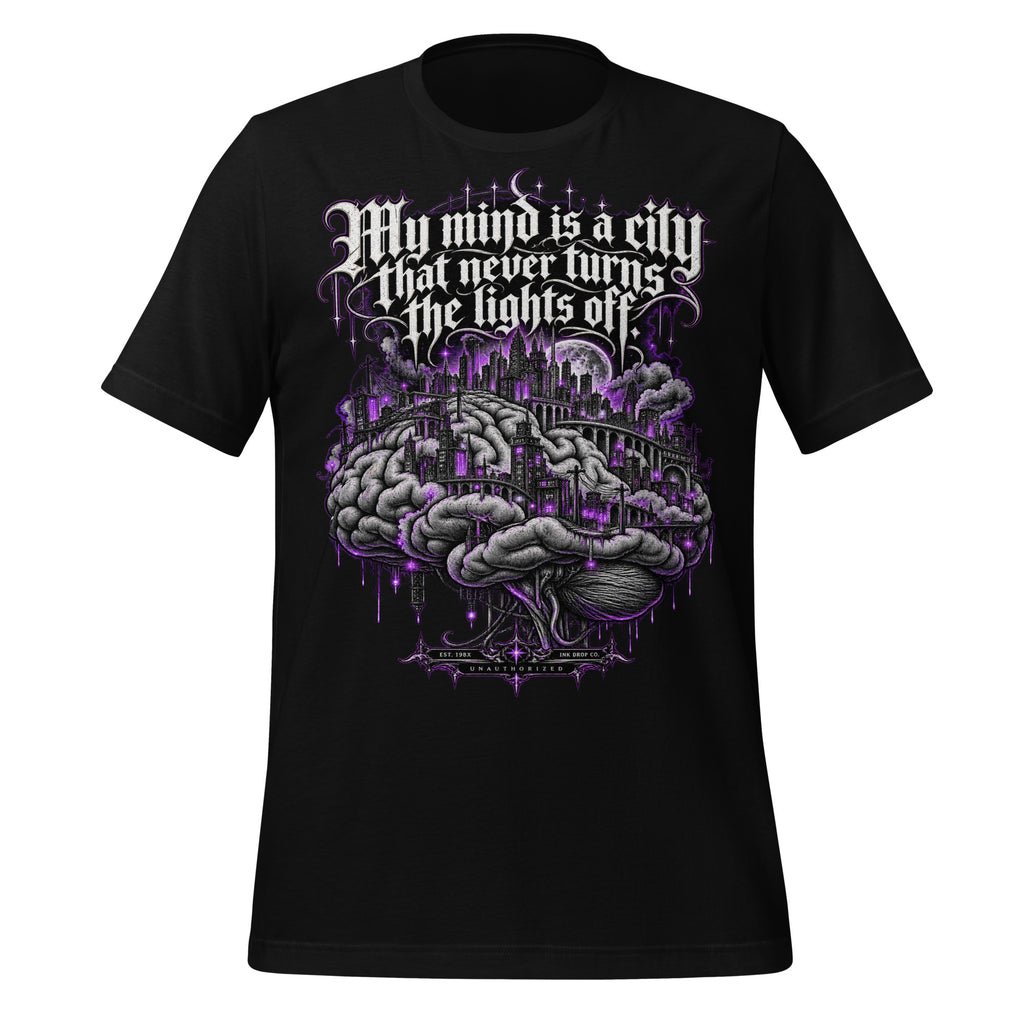 Men's black graphic T-shirt with purple brain and city slogan front print