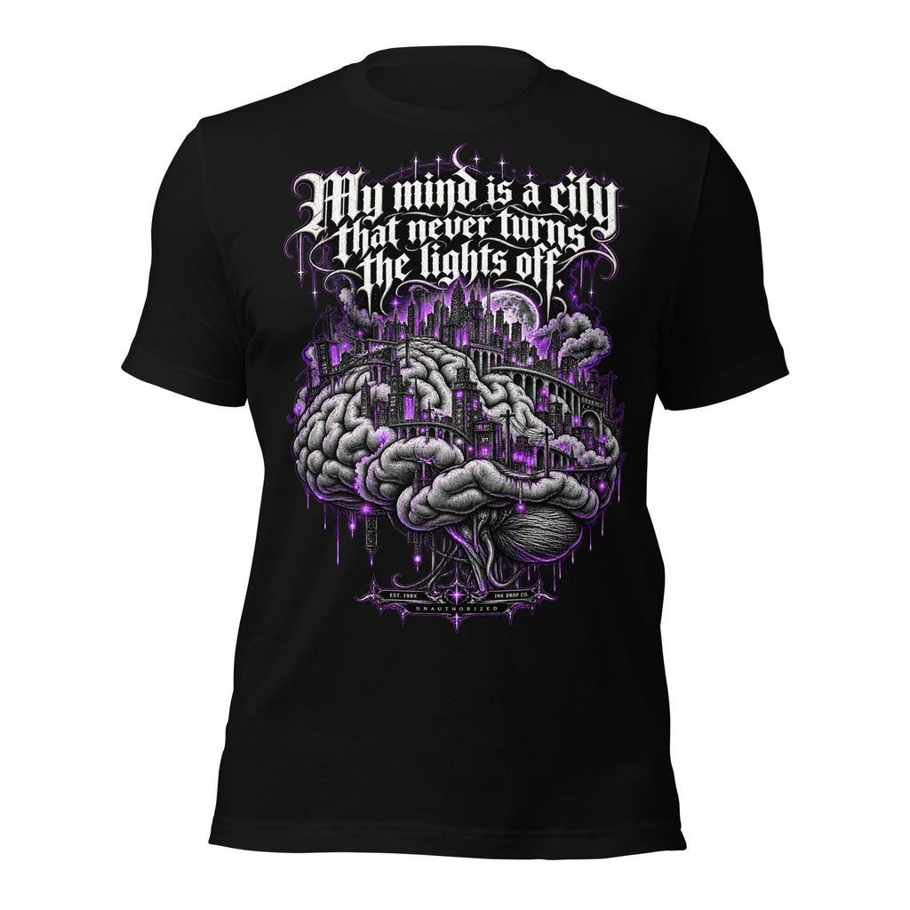 Women’s graphic tee in black, featuring a large purple city-and-brain print on the chest.