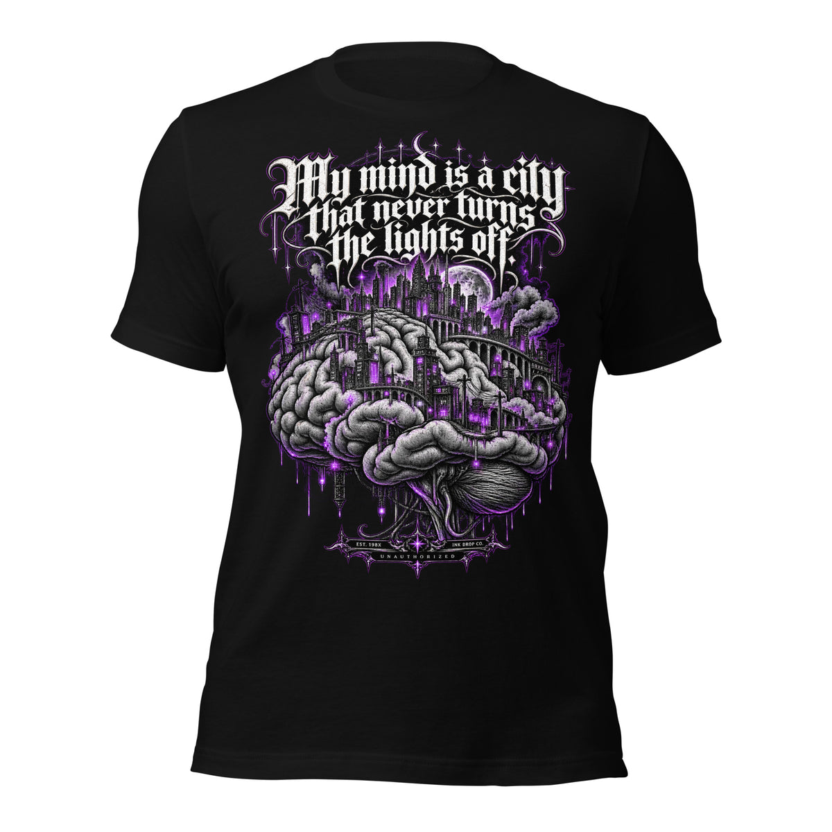 Women’s graphic tee in black, featuring a large purple city-and-brain print on the chest.