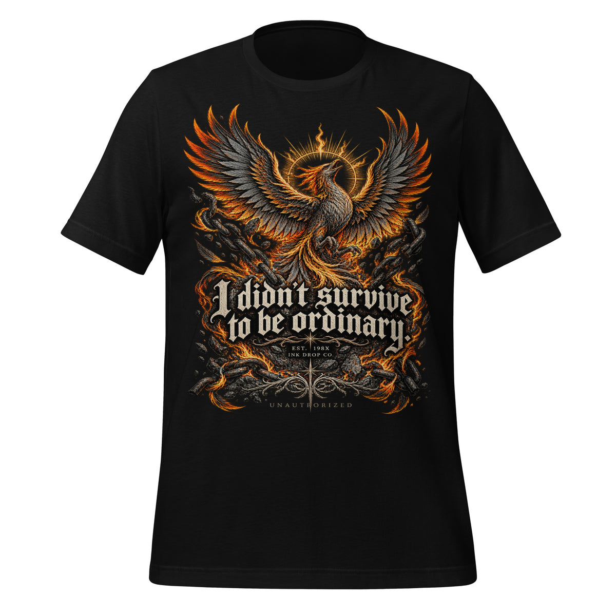 Men's black graphic T-shirt with fiery eagle wings and front slogan print