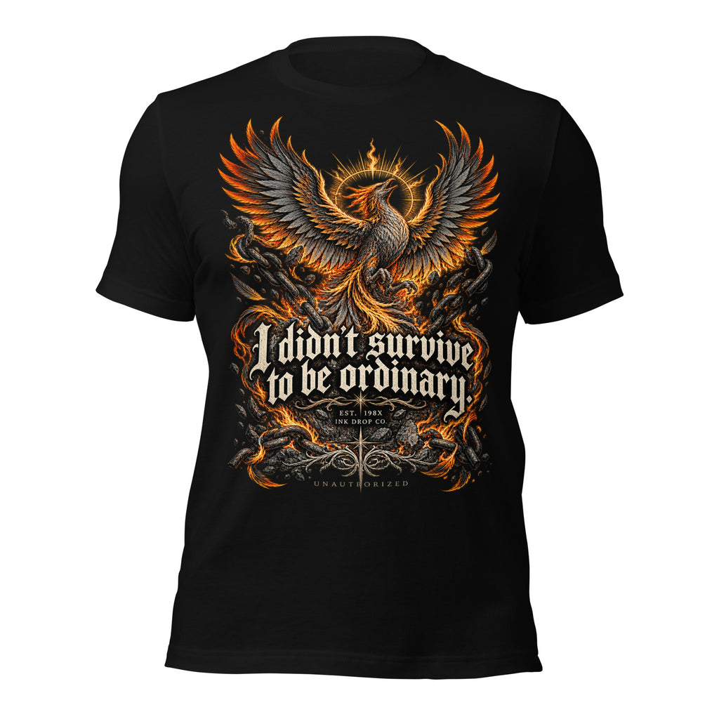 Women’s graphic tee, black, front eagle-and-fire graphic with “I didn’t survive…” slogan