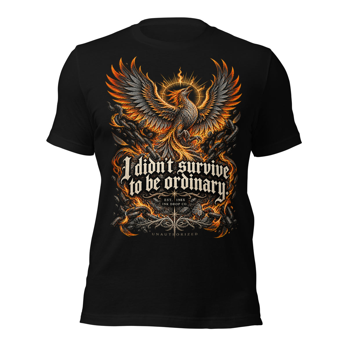 Women’s graphic tee, black, front eagle-and-fire graphic with “I didn’t survive…” slogan