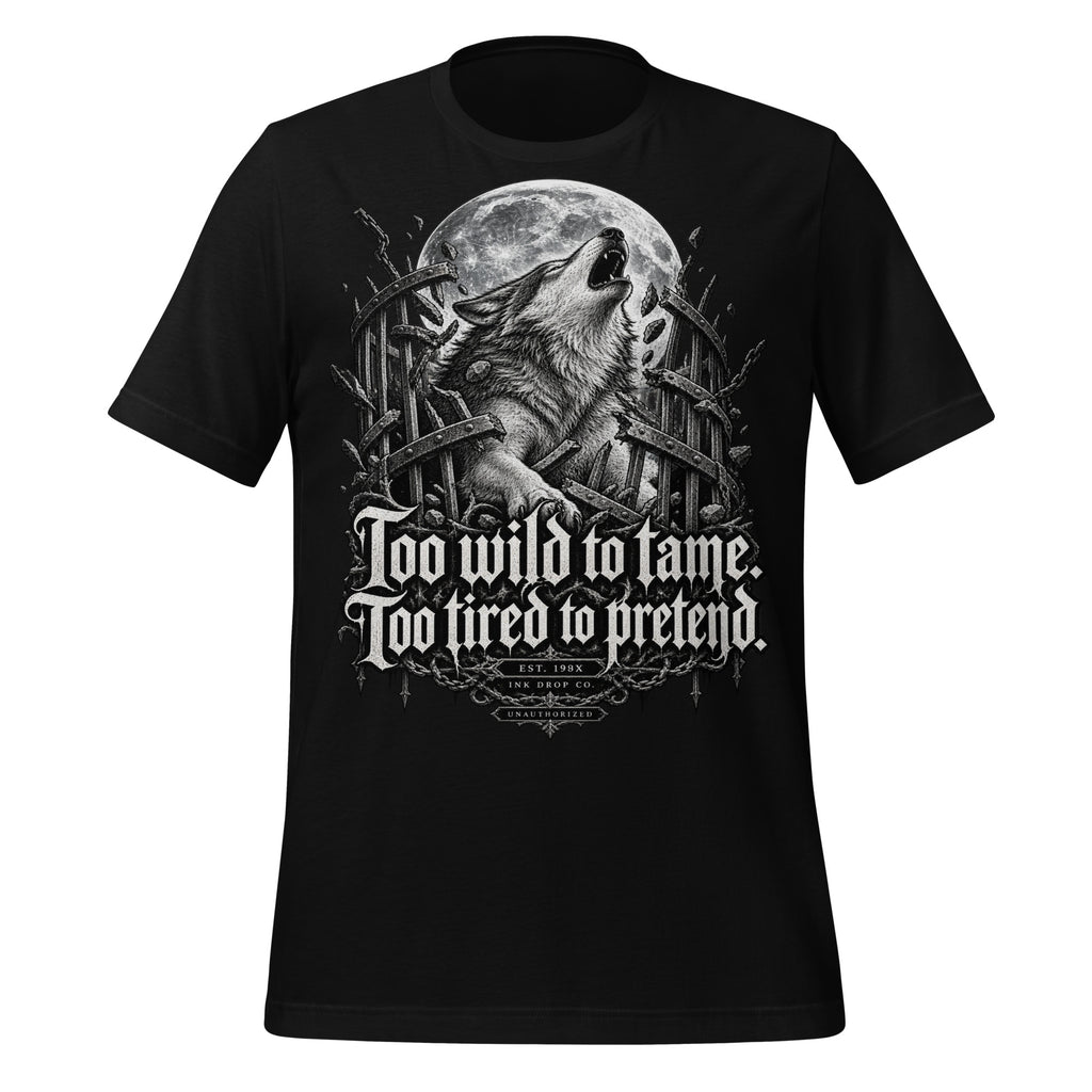 Men's black graphic tee with wolf head and sword emblem front print
