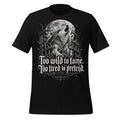 Men's black graphic tee with wolf head and sword emblem front print