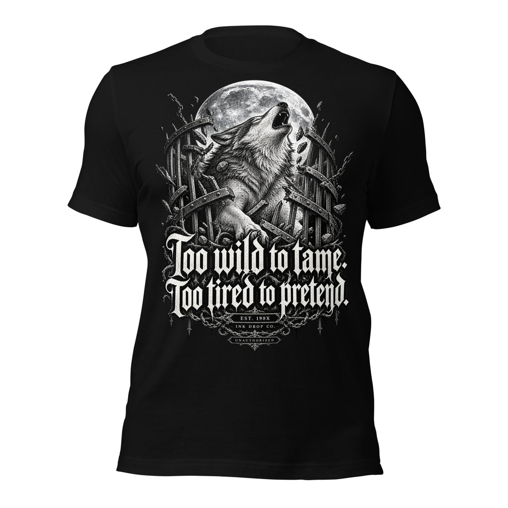 Black women’s graphic tee with wolf-and-moon front print and gothic slogan