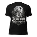 Black women’s graphic tee with wolf-and-moon front print and gothic slogan