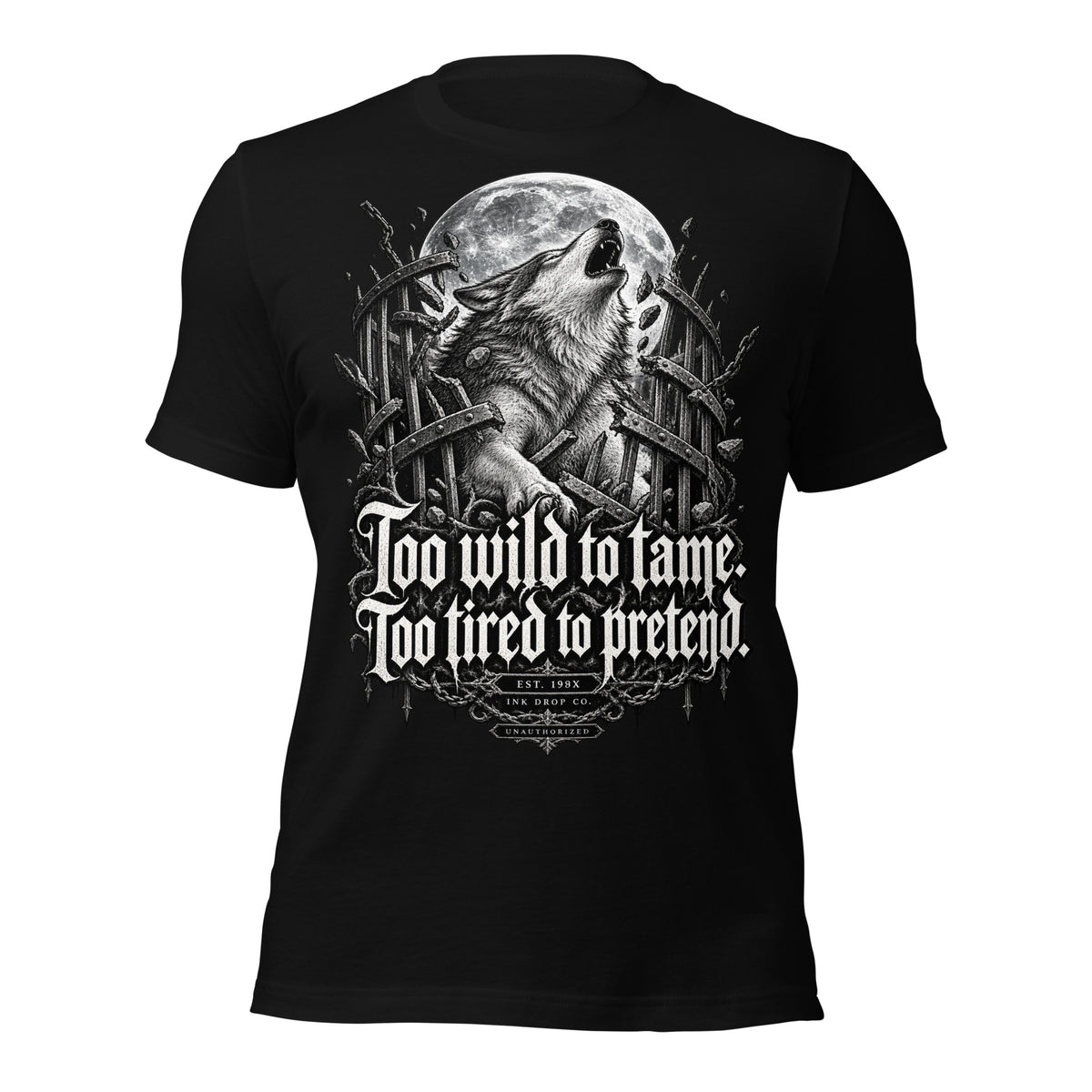 Black women’s graphic tee with wolf-and-moon front print and gothic slogan