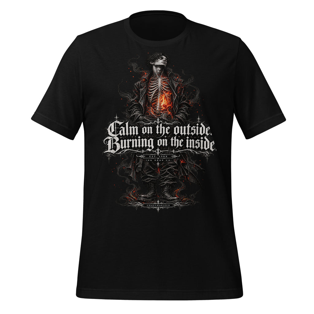 Men's black graphic tee with fiery skeleton front print