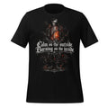Men's black graphic tee with fiery skeleton front print