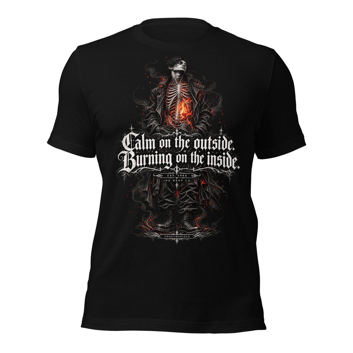 Black women's graphic T-shirt with front skull-warrior and glowing flames print
