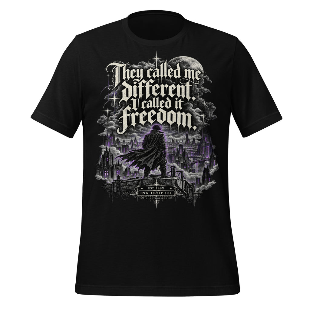 Men's black graphic tee with large front text and city skyline illustration