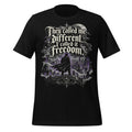 Men's black graphic tee with large front text and city skyline illustration