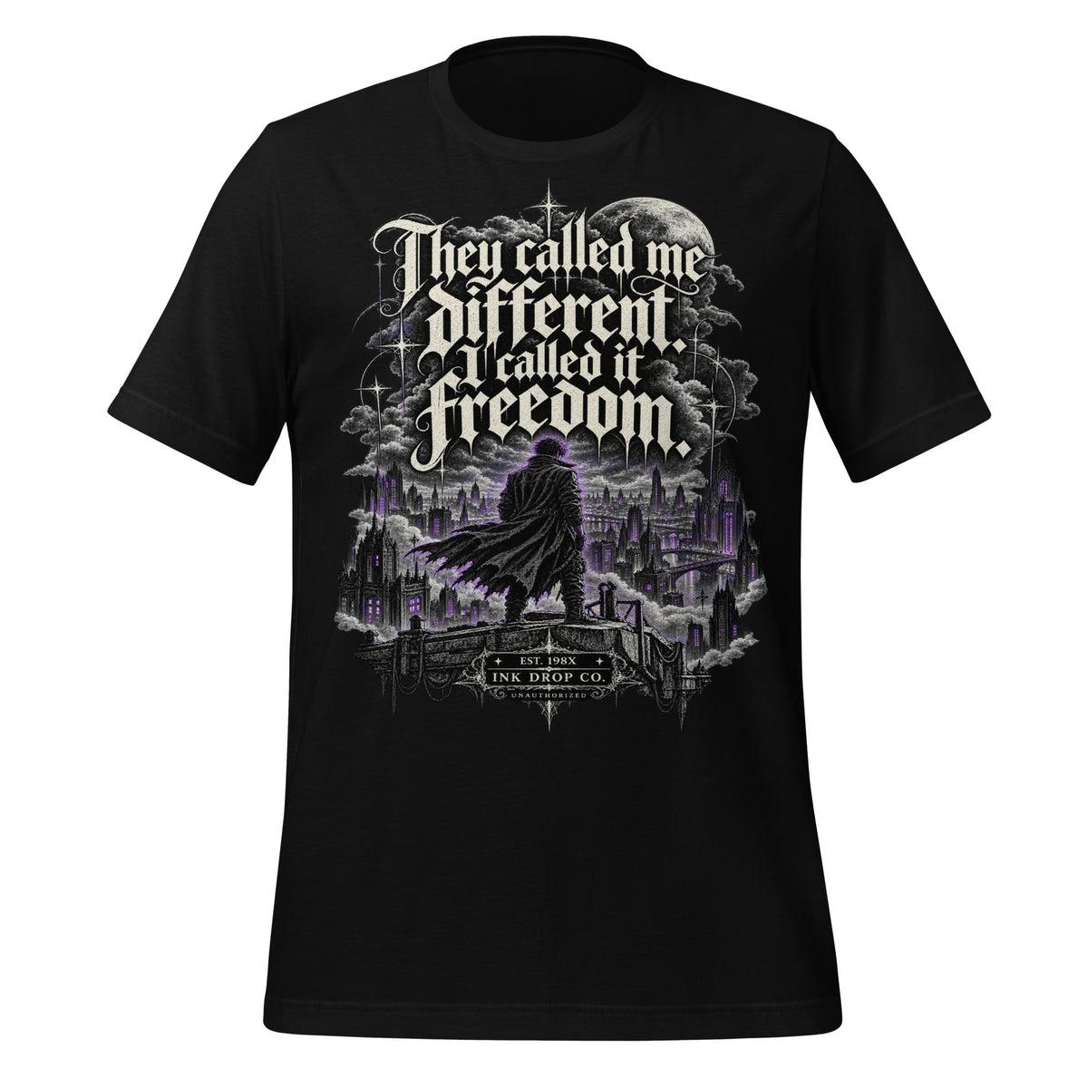 Men's black graphic tee with large front text and city skyline illustration