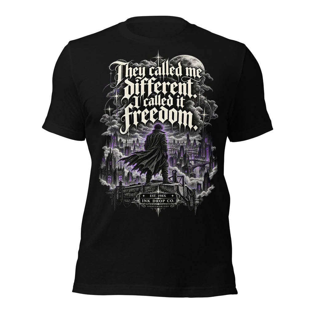 Women’s black graphic tee with front typography and purple cityscape freedom print
