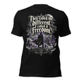 Women’s black graphic tee with front typography and purple cityscape freedom print