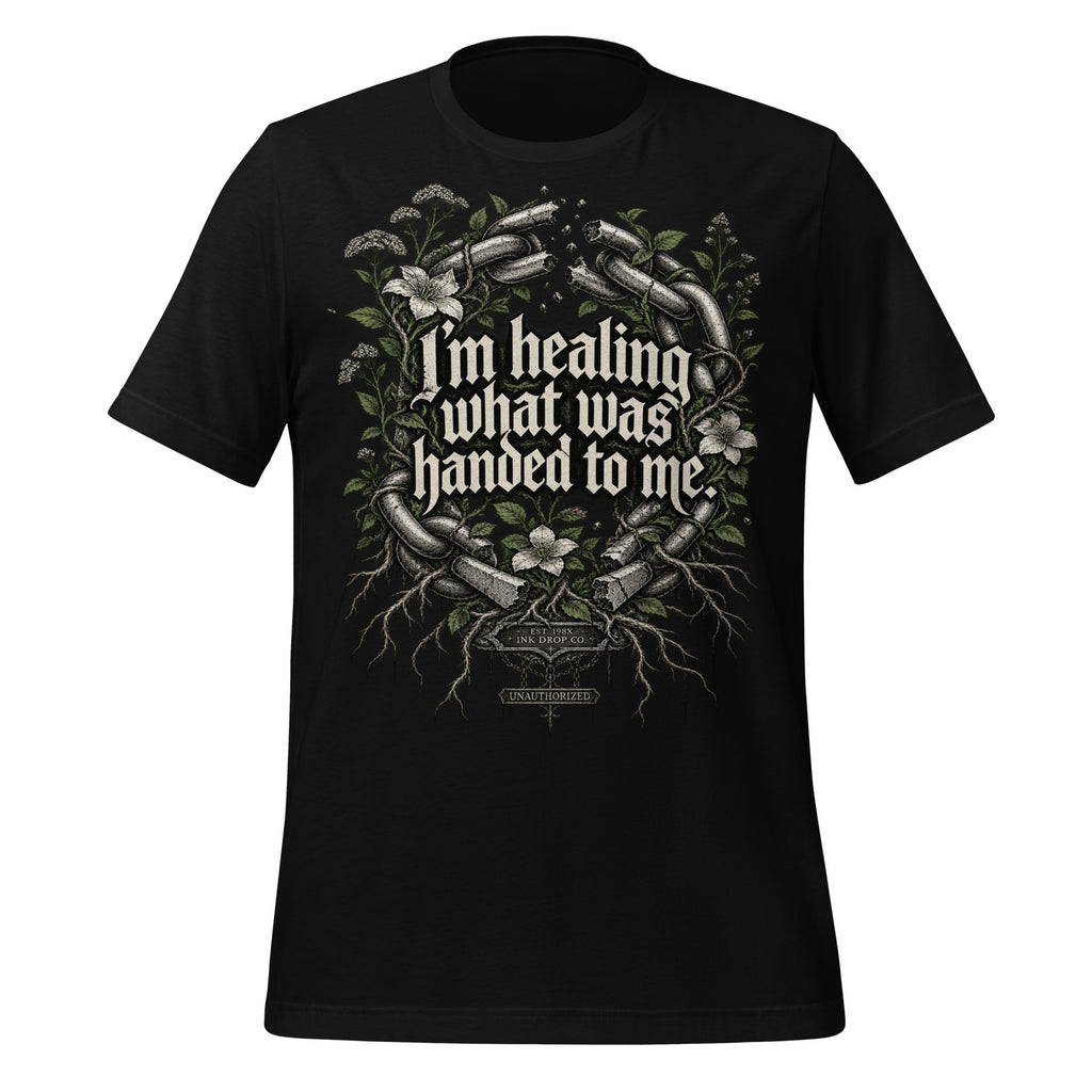 Men's black graphic tee with front ornate floral text and chain design