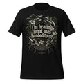 Men's black graphic tee with front ornate floral text and chain design