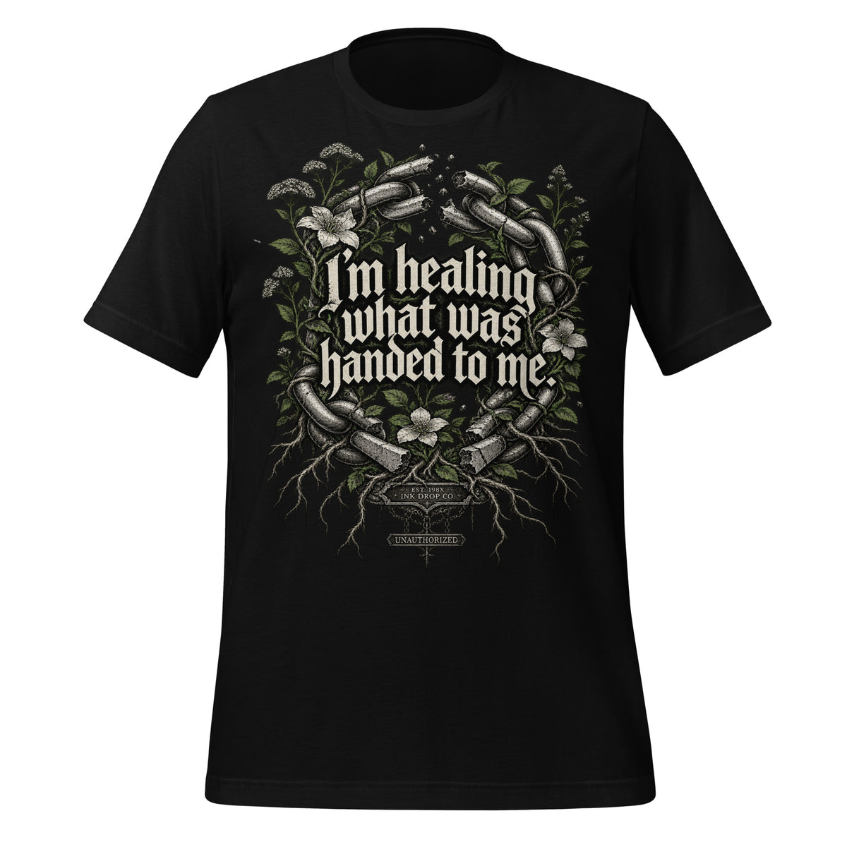 Men's black graphic tee with front ornate floral text and chain design