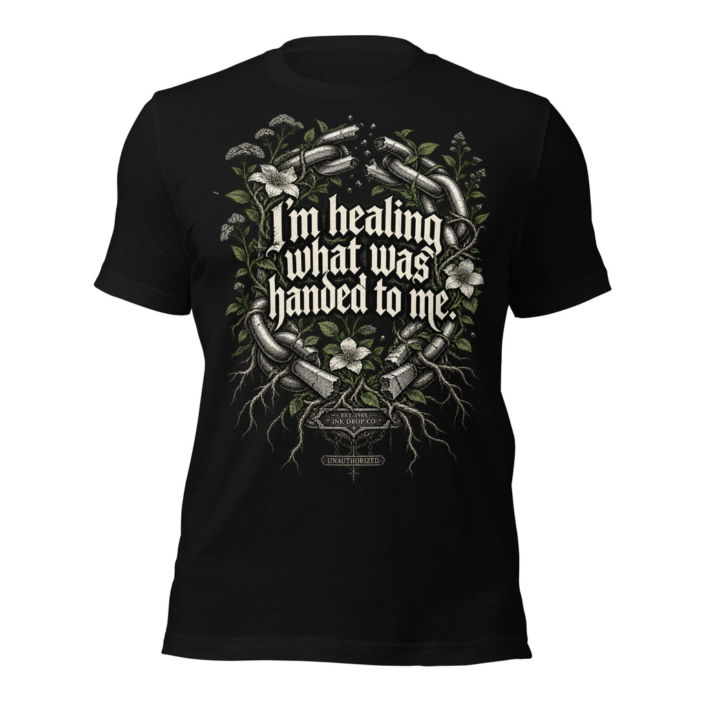Women's black graphic tee with front chain-and-flower quote print