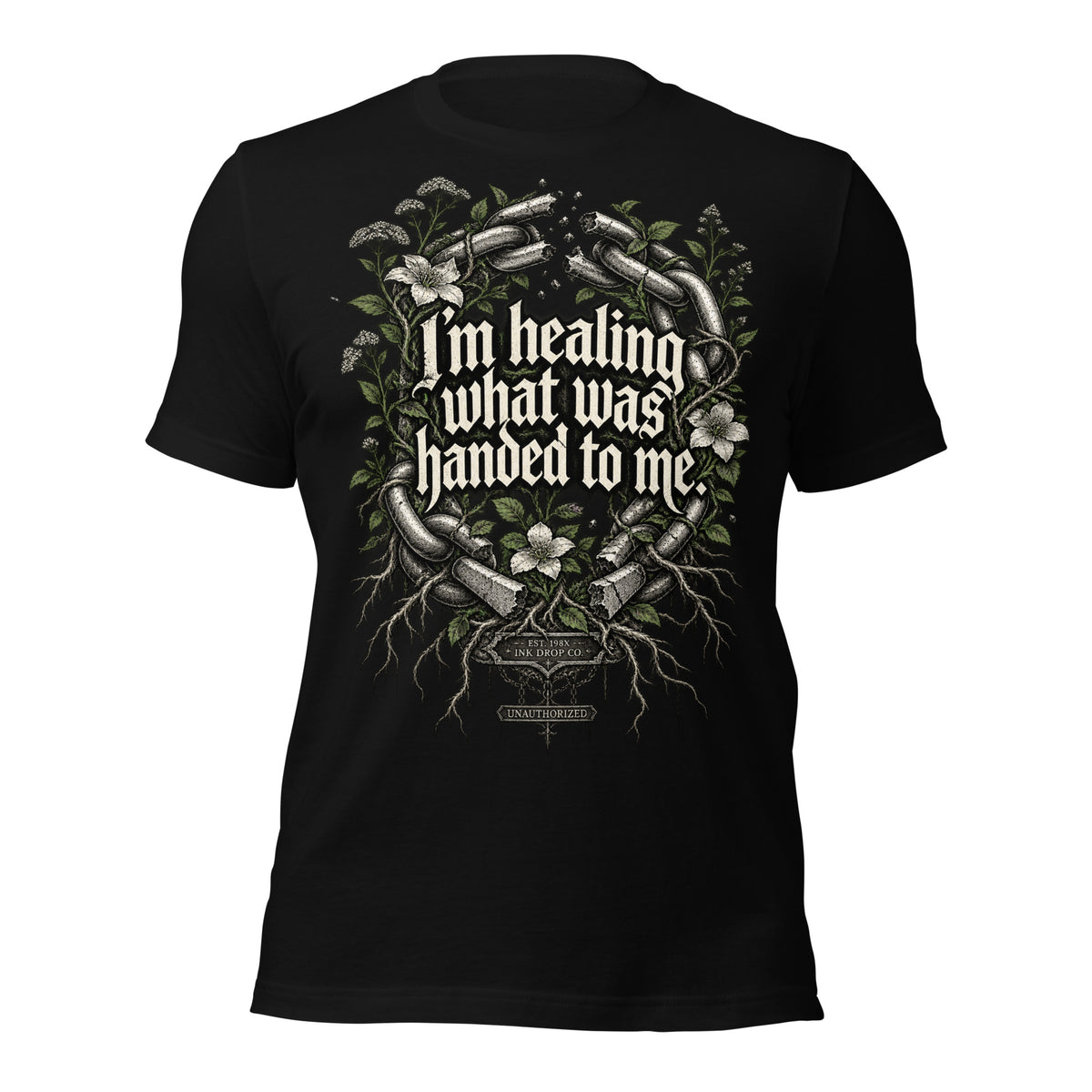 Women's black graphic tee with front chain-and-flower quote print