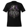 Mens black graphic T-shirt with skull portrait and purple smoke lettering on front