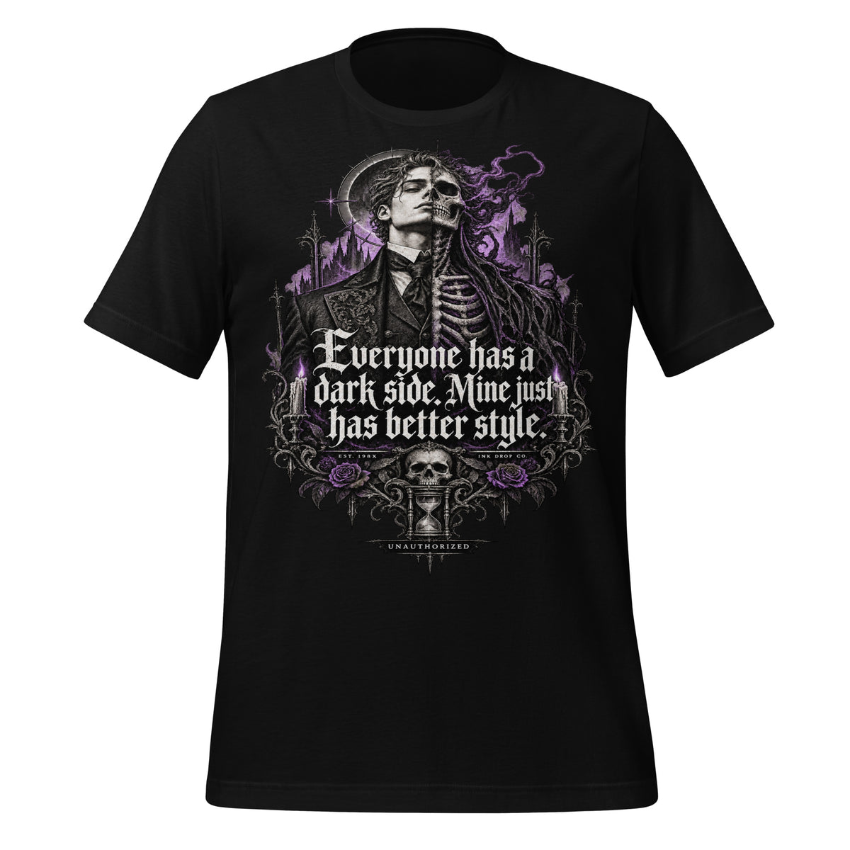 Mens black graphic T-shirt with skull portrait and purple smoke lettering on front