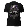 Black women's graphic tee with purple skull portrait and quote front print