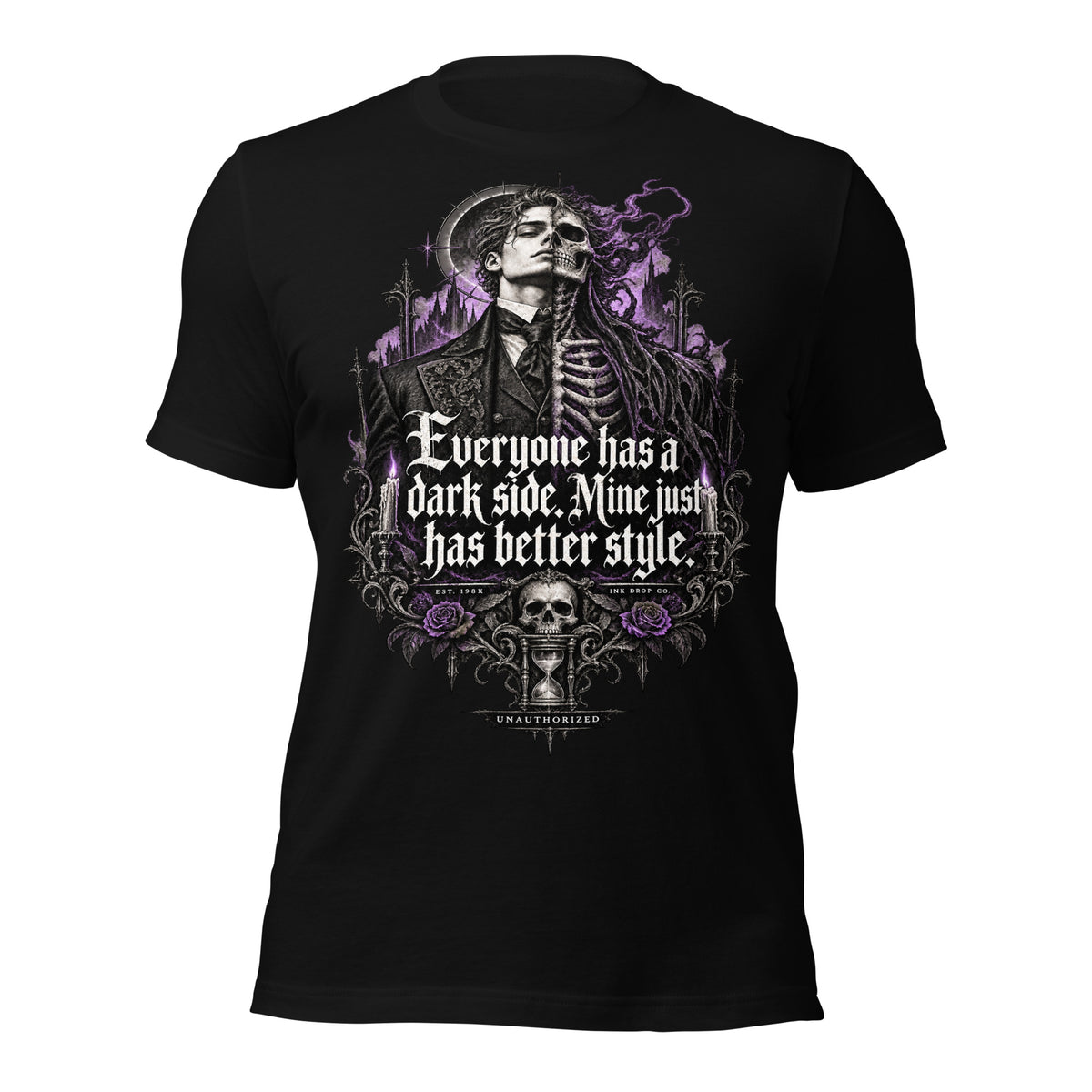 Black women's graphic tee with purple skull portrait and quote front print